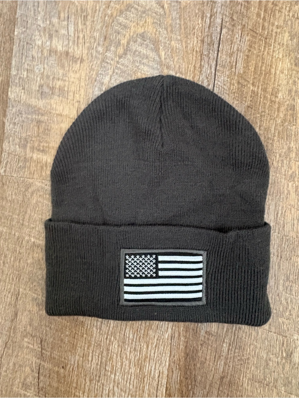 Black Beanie with American Flag Patch - Men's Knit Hat